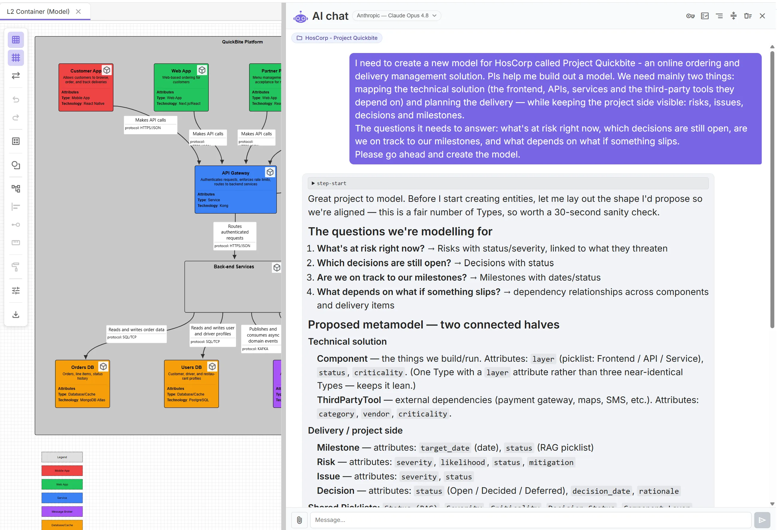 Planalyze's built-in AI assistant proposing a validated metamodel next to the live architecture diagram it is building.